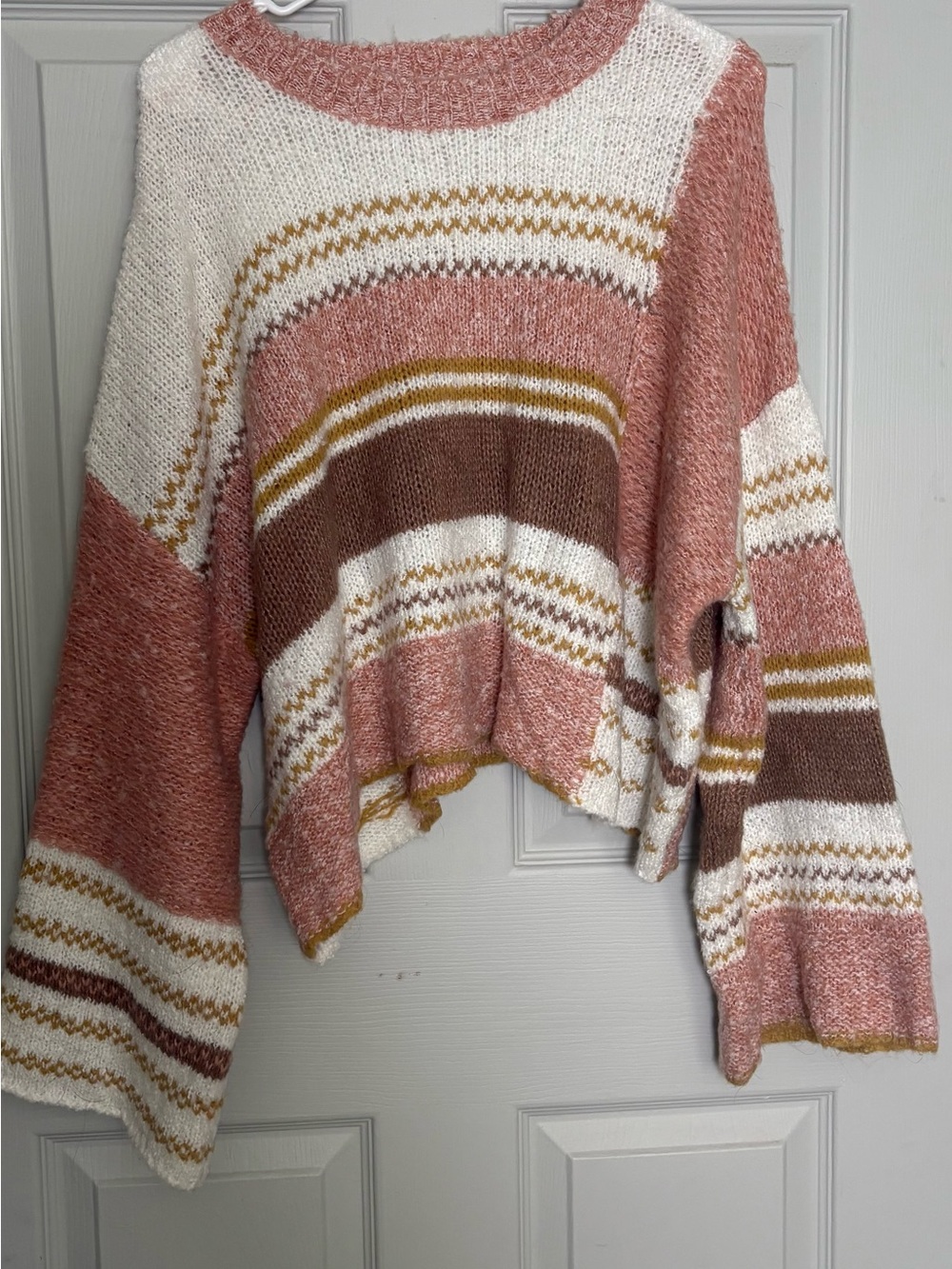 Sincerely Jules Pink, White & Brown Striped Scoop Neck Sweater